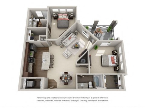 Floor plan for 2 beds, 2 baths, 1214 sqft