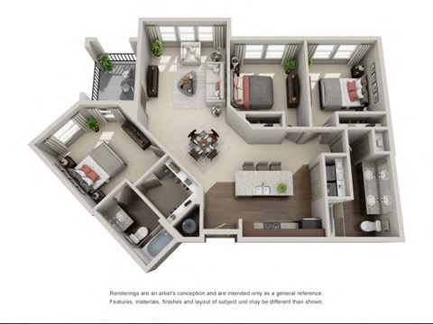 Floor plan for 3 beds, 2 baths, 1307 sqft