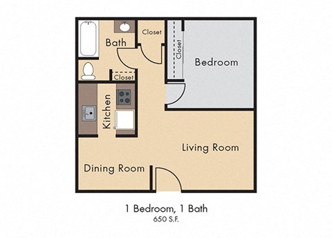 Floor plan for 1 bed, 1 bath, 650 sqft