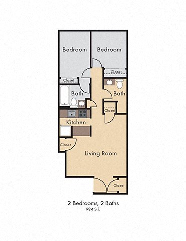 Floor plan for 2 beds, 2 baths, 984 sqft