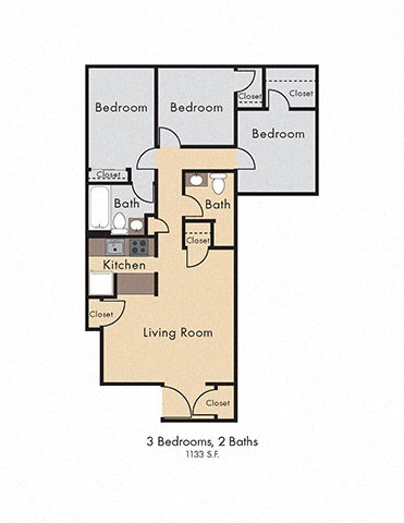 Floor plan for 3 beds, 2 baths, 1133 sqft