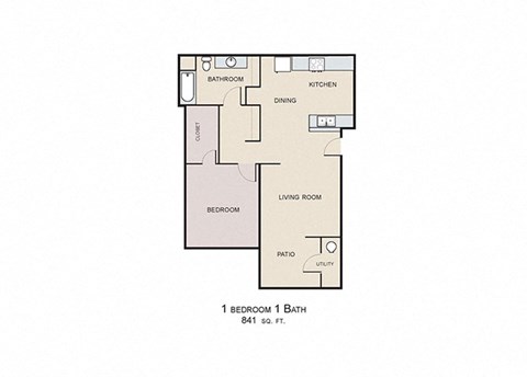 Floor plan for 1 bed, 1 bath, 841 sqft