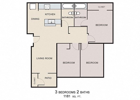 Floor plan for 3 beds, 2 baths, 1181 sqft