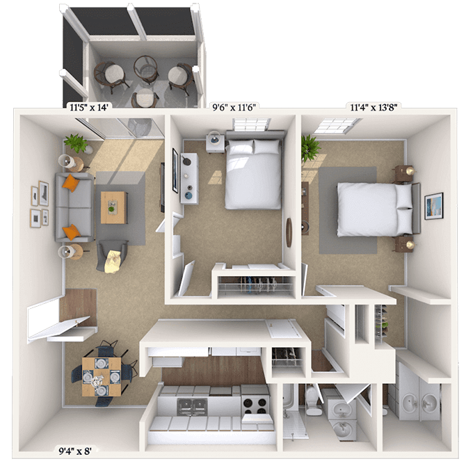 Floor plan for 2 beds, 1.5 baths, 884 sqft