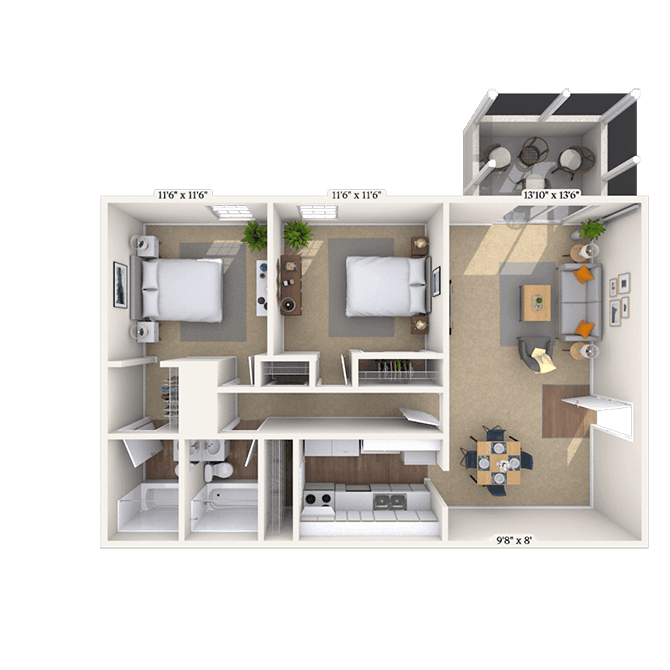 Floor plan for 2 beds, 2 baths, 955 sqft