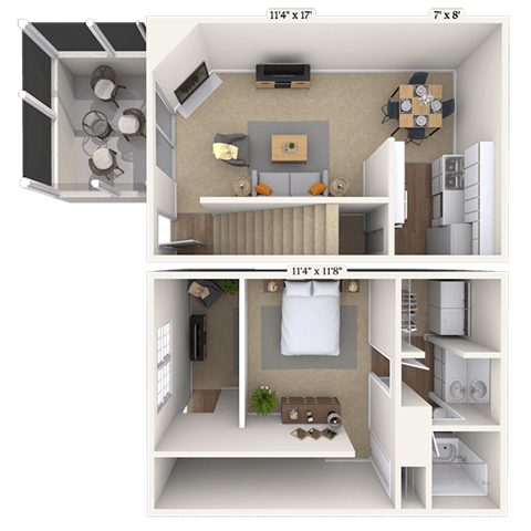 Floor plan for 1 bed, 1 bath, 720 sqft