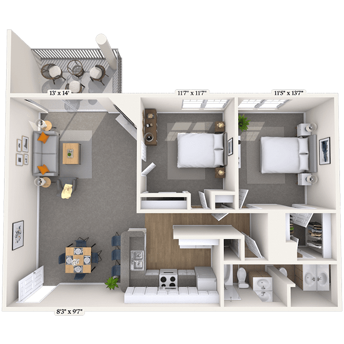 Floor plan for 2 beds, 1.5 baths, 950 sqft