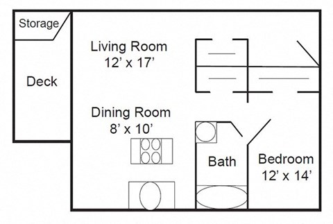 Floor plan for 1 bed, 1 bath, 652 sqft