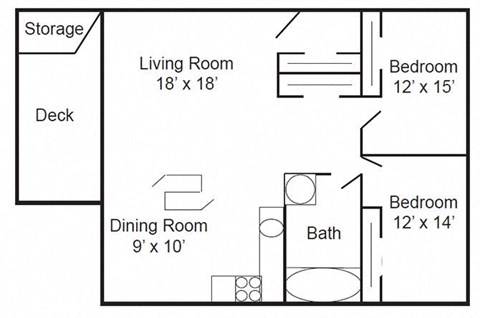 Floor plan for 2 beds, 1 bath, 921 sqft
