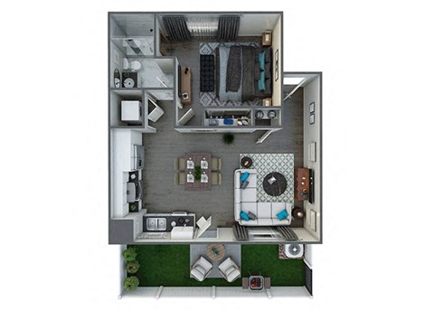 Floor plan for 1 bed, 1 bath, 839 sqft