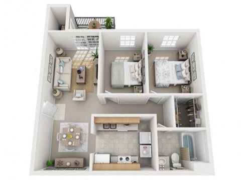 Floor plan for 2 beds, 1 bath, 1037 sqft