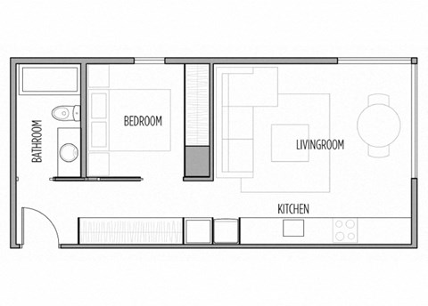 Floor plan for 1 bed, 1 bath, 557 sqft