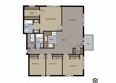Floor plan for 4 beds, 2 baths, 1543 sqft