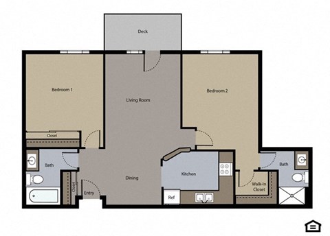 Floor plan for 2 beds, 2 baths, 1000 sqft