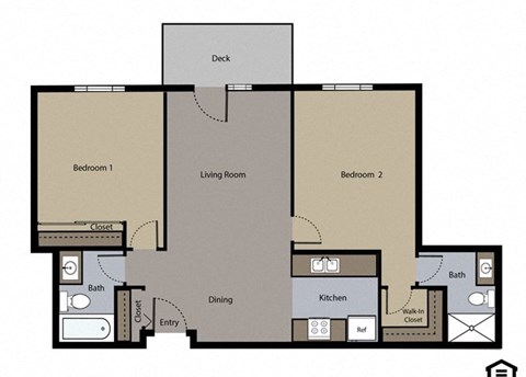 Floor plan for 2 beds, 2 baths, 983 sqft
