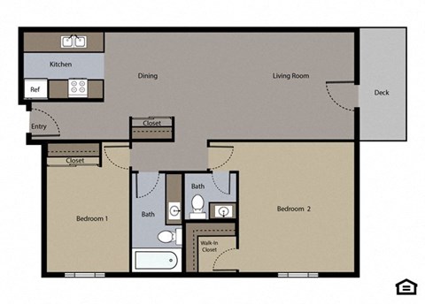 Floor plan for 2 beds, 1.5 baths, 980 sqft