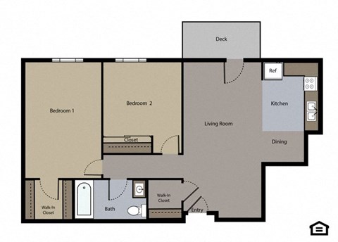 Floor plan for 2 beds, 1 bath, 1056 sqft