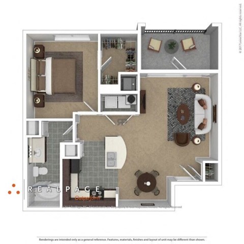 Floor plan for 1 bed, 1 bath, 714 sqft