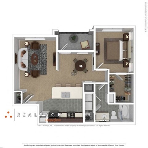 Floor plan for 1 bed, 1 bath, 799 sqft