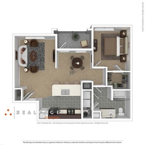 Floor plan for 1 bed, 1 bath, 799 sqft
