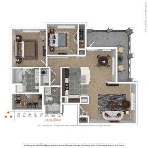 Floor plan for 2 beds, 2 baths, 1029 sqft