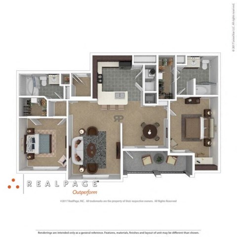 Floor plan for 2 beds, 2 baths, 1129 sqft
