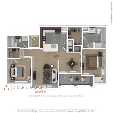 Floor plan for 2 beds, 2 baths, 1136 sqft