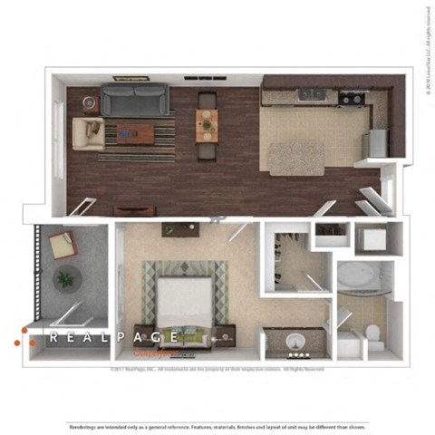 Floor plan for 1 bed, 1 bath, 714 sqft