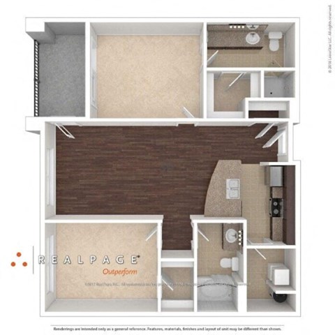 Floor plan for 2 beds, 2 baths, 1039 sqft