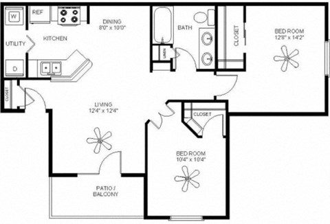 Floor plan for 2 beds, 1 bath, 889 sqft