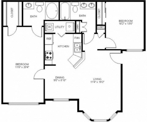 Floor plan for 2 beds, 2 baths, 1024 sqft