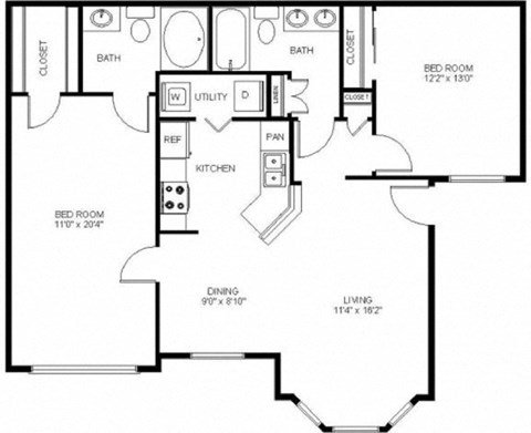 Floor plan for 2 beds, 2 baths, 1051 sqft