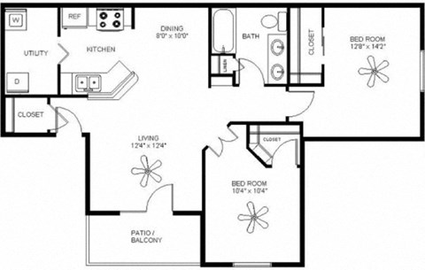 Floor plan for 2 beds, 1 bath, 924 sqft