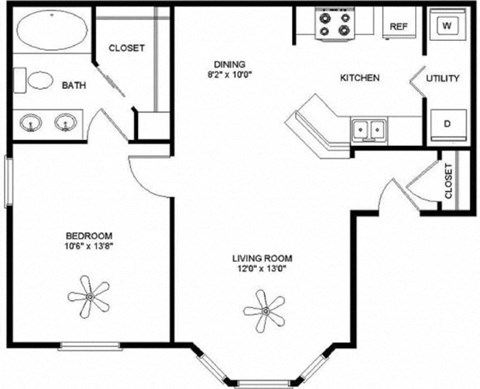 Floor plan for 1 bed, 1 bath, 722 sqft