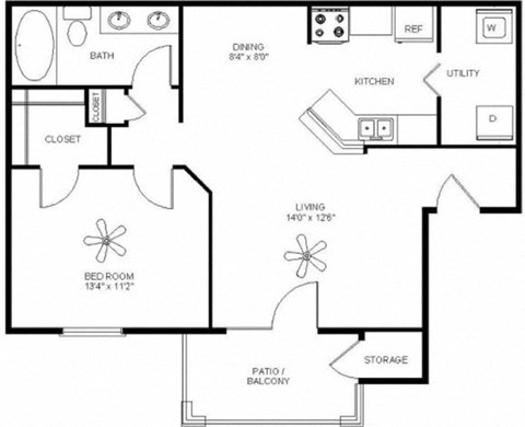 Floor plan for 1 bed, 1 bath, 765 sqft