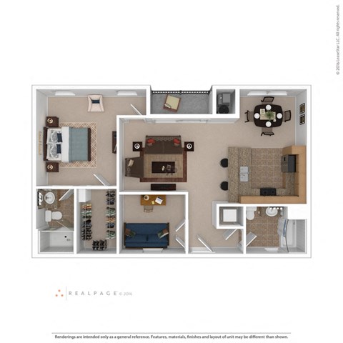 Floor plan for 1 bed, 2 baths, 965 sqft