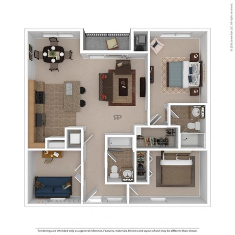 Floor plan for 2 beds, 2 baths, 1155 sqft