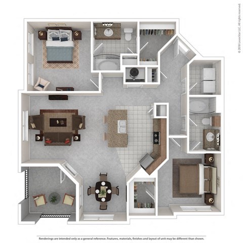Floor plan for 2 beds, 2 baths, 1268 sqft