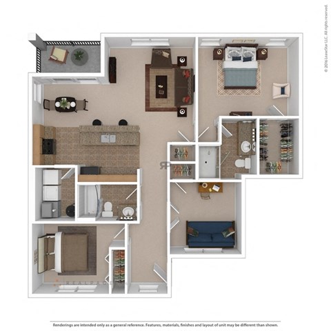 Floor plan for 3 beds, 2 baths, 1360 sqft