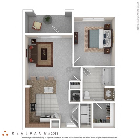 Floor plan for 1 bed, 1 bath, 676 sqft