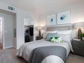 Santa Clara apartment for rent - Apartments Santa Clara, CA - Santana Terrace - Bedroom with a Spacious Closet, Plush Carpeting, Two Nightstands, and a Queen-Size Bed