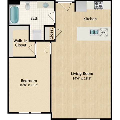 Floor plan for 1 bed, 1 bath, 709 sqft