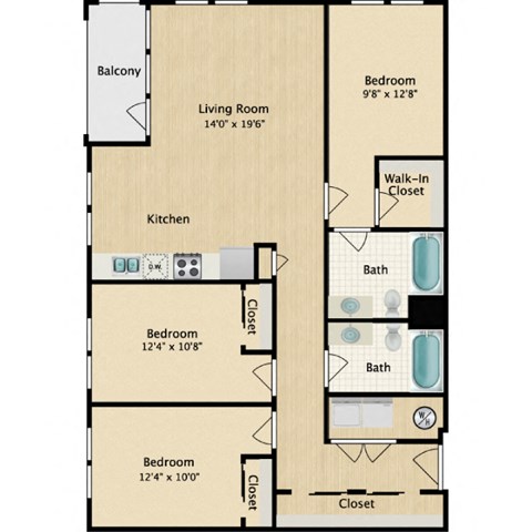 Floor plan for 3 beds, 2 baths, 1175 sqft