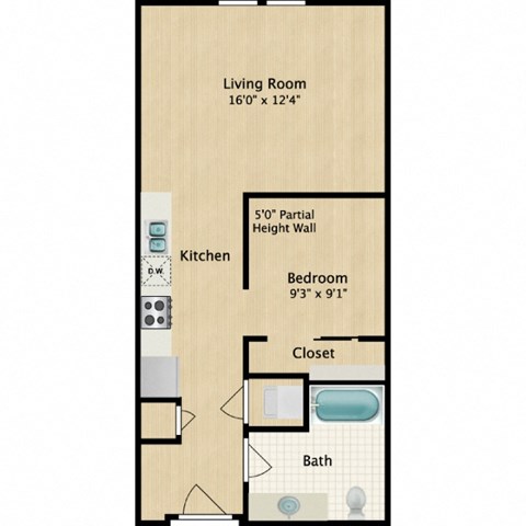 Floor plan for studio, 1 bath, 544 sqft
