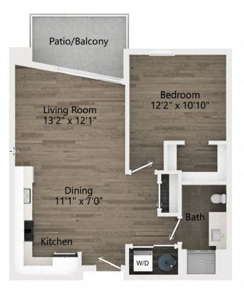 Floor plan for 1 bed, 1 bath, 671 sqft