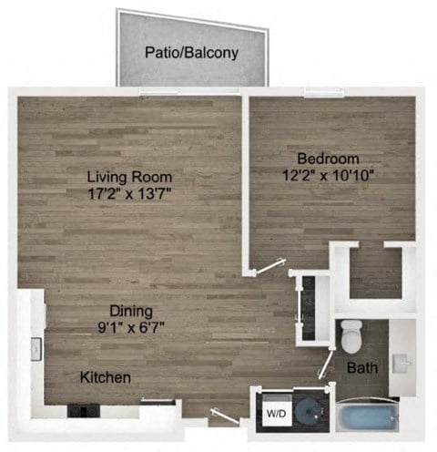 Floor plan for 1 bed, 1 bath, 876 sqft