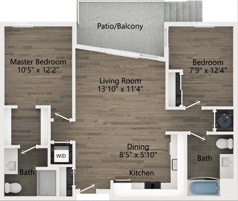 Floor plan for 2 beds, 2 baths, 904 sqft