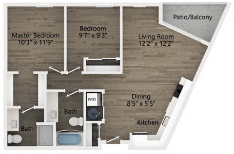 Floor plan for 2 beds, 2 baths, 899 sqft