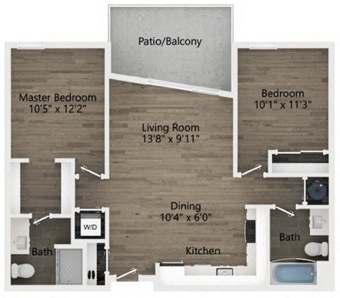 Floor plan for 2 beds, 2 baths, 905 sqft