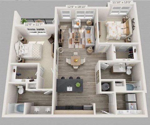 Floor plan for 2 beds, 2 baths, 1156 sqft